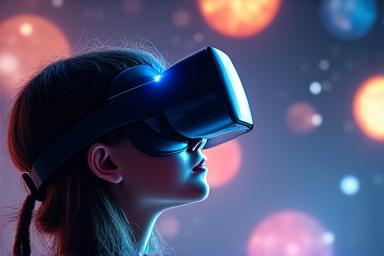 Étudiant portant un casque de réalité virtuelle explorant le système solaire.